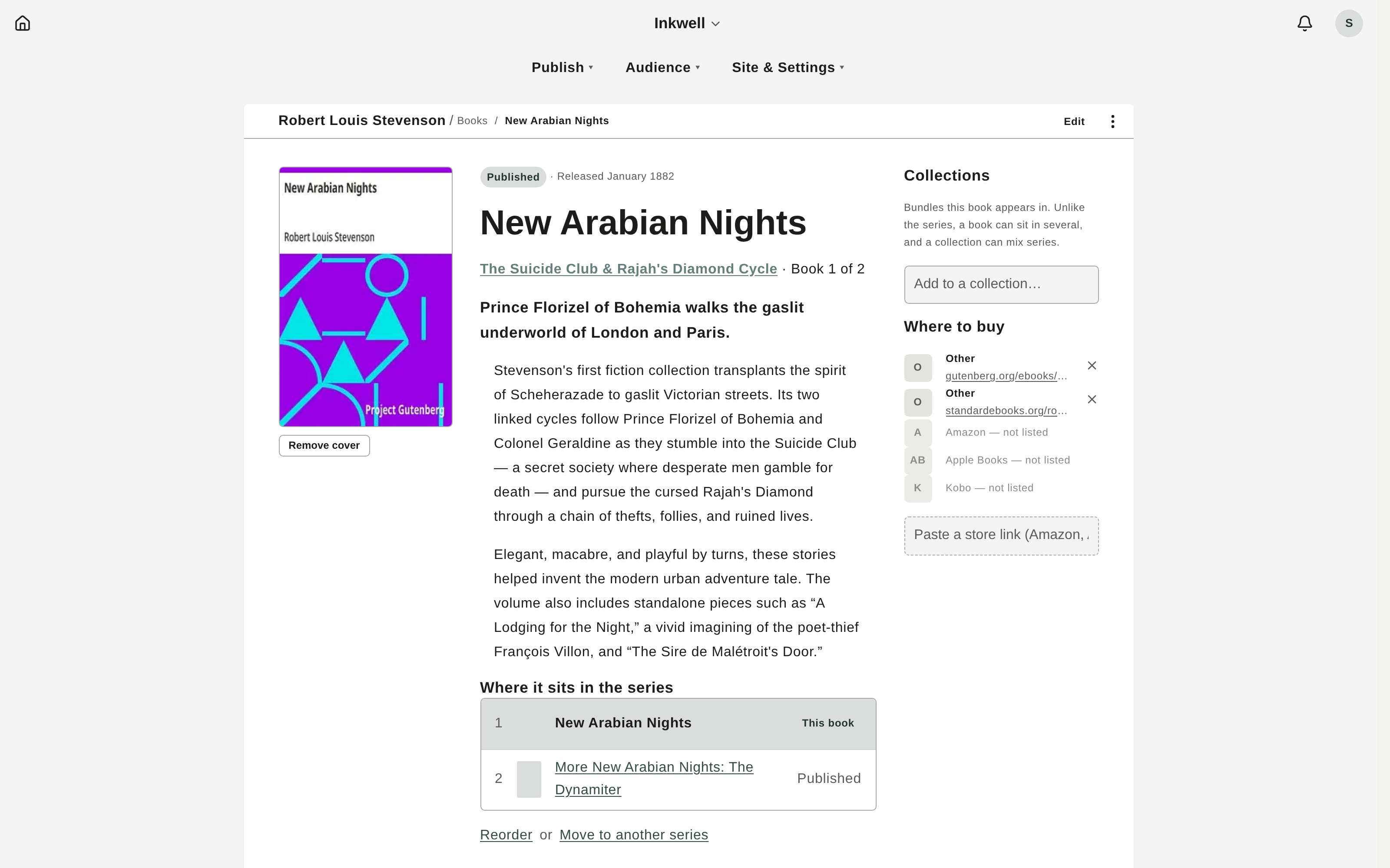 A book's admin page — cover and history