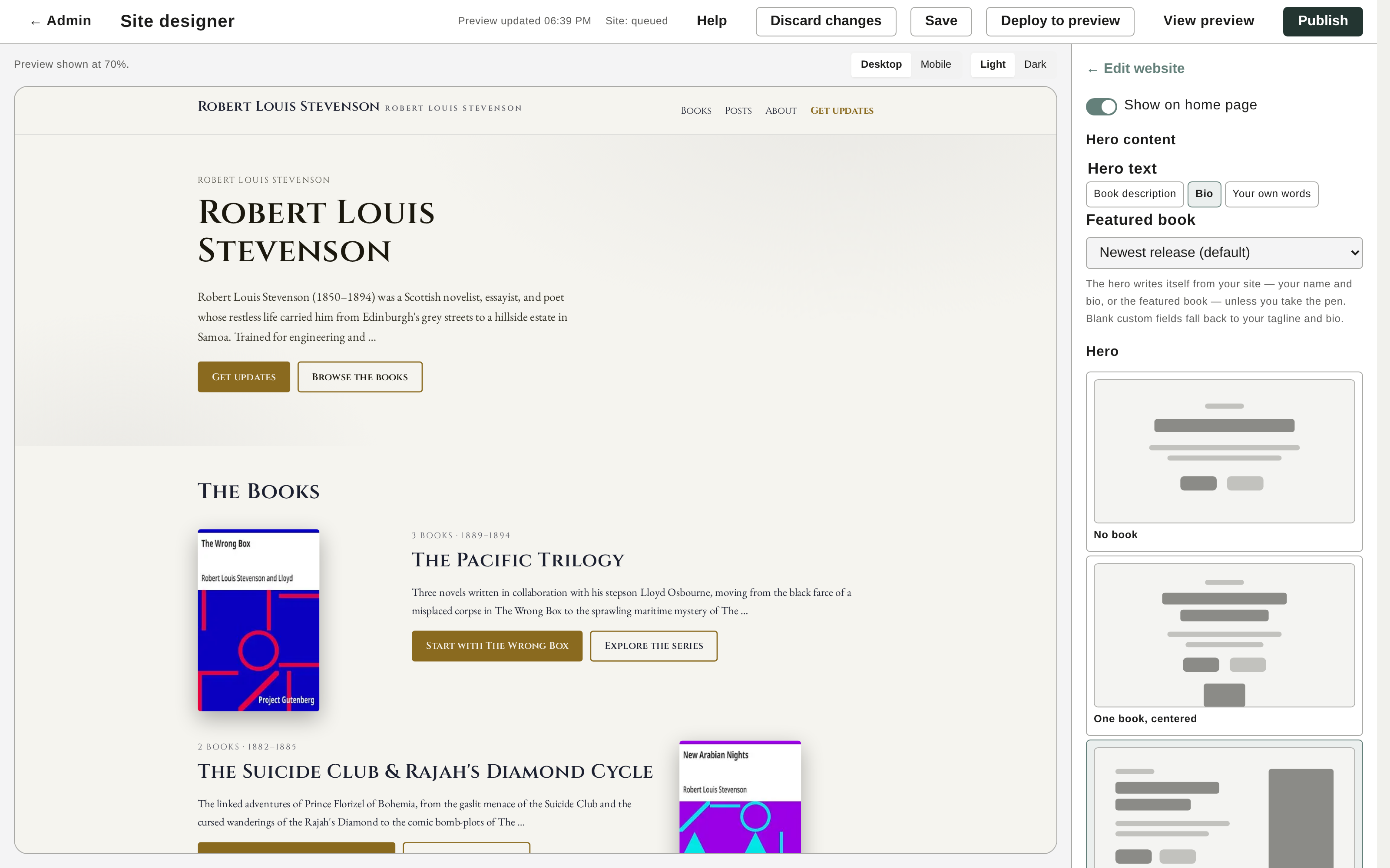 The Kindred Quill site designer — editing an author website with a live preview