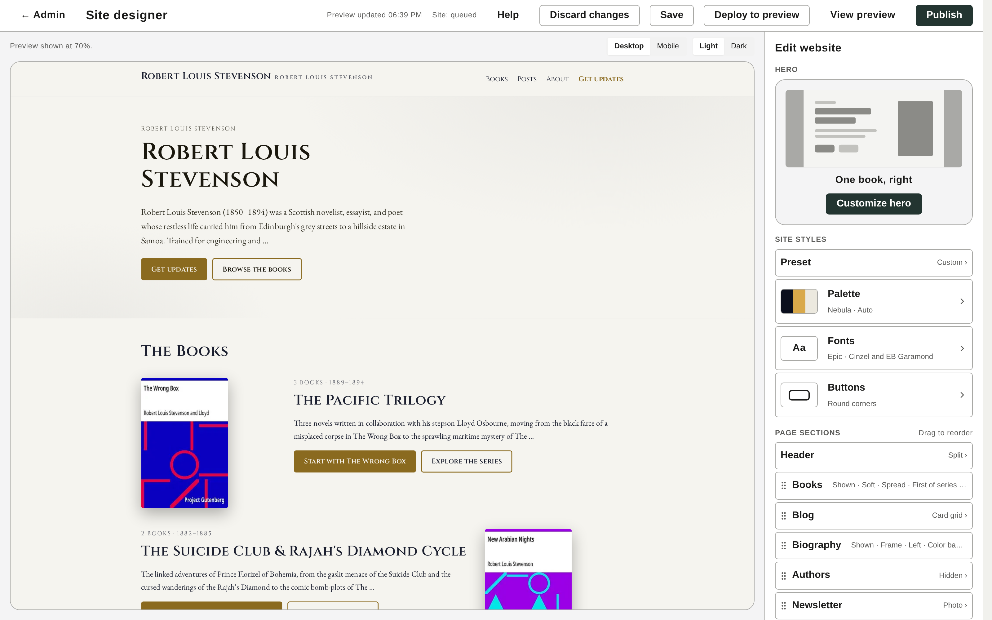 The site editor with a live preview of the public site